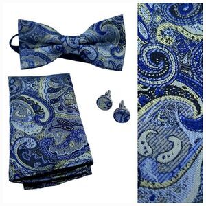 New Bow Tie Pocket Square Cufflink 3pc Set Navy Paisley Wedding Formal Prom Tux